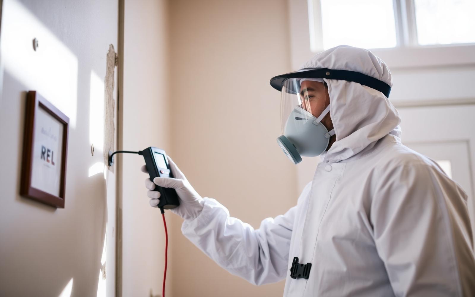 Rainbow Restoration technician in protective gear performing a certified mold inspection in a Louisville home