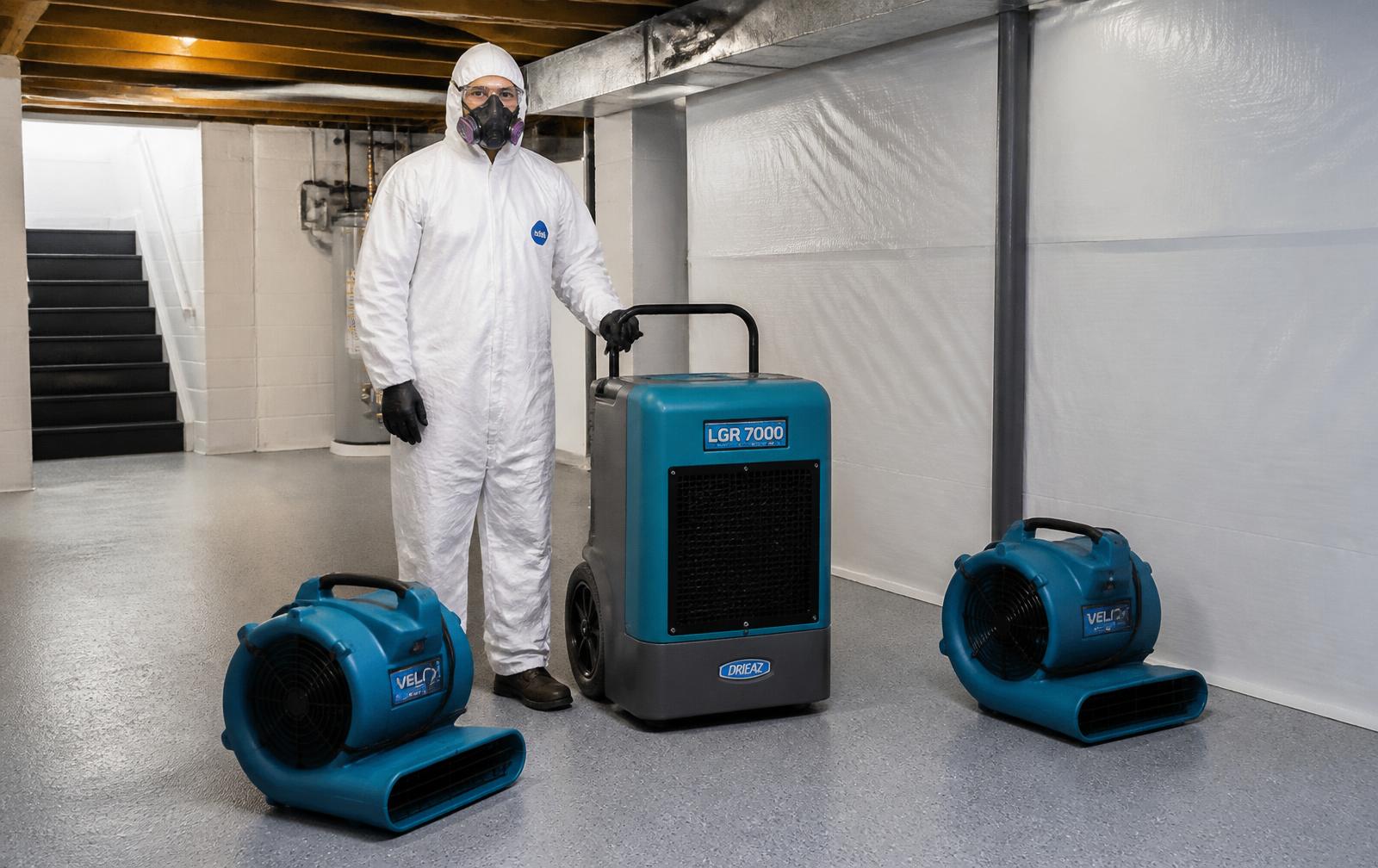 Rainbow Restoration technician in protective equipment with professional drying and sanitation equipment